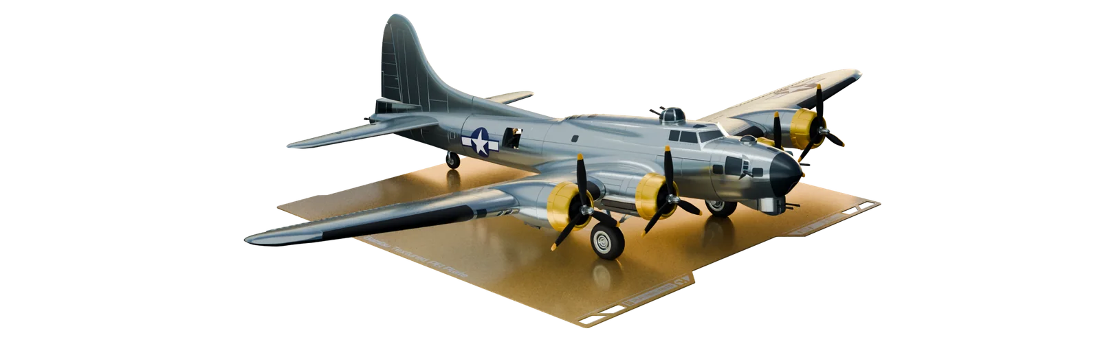 Assembled B-17 model sitting on a gold 3D-printer build plate