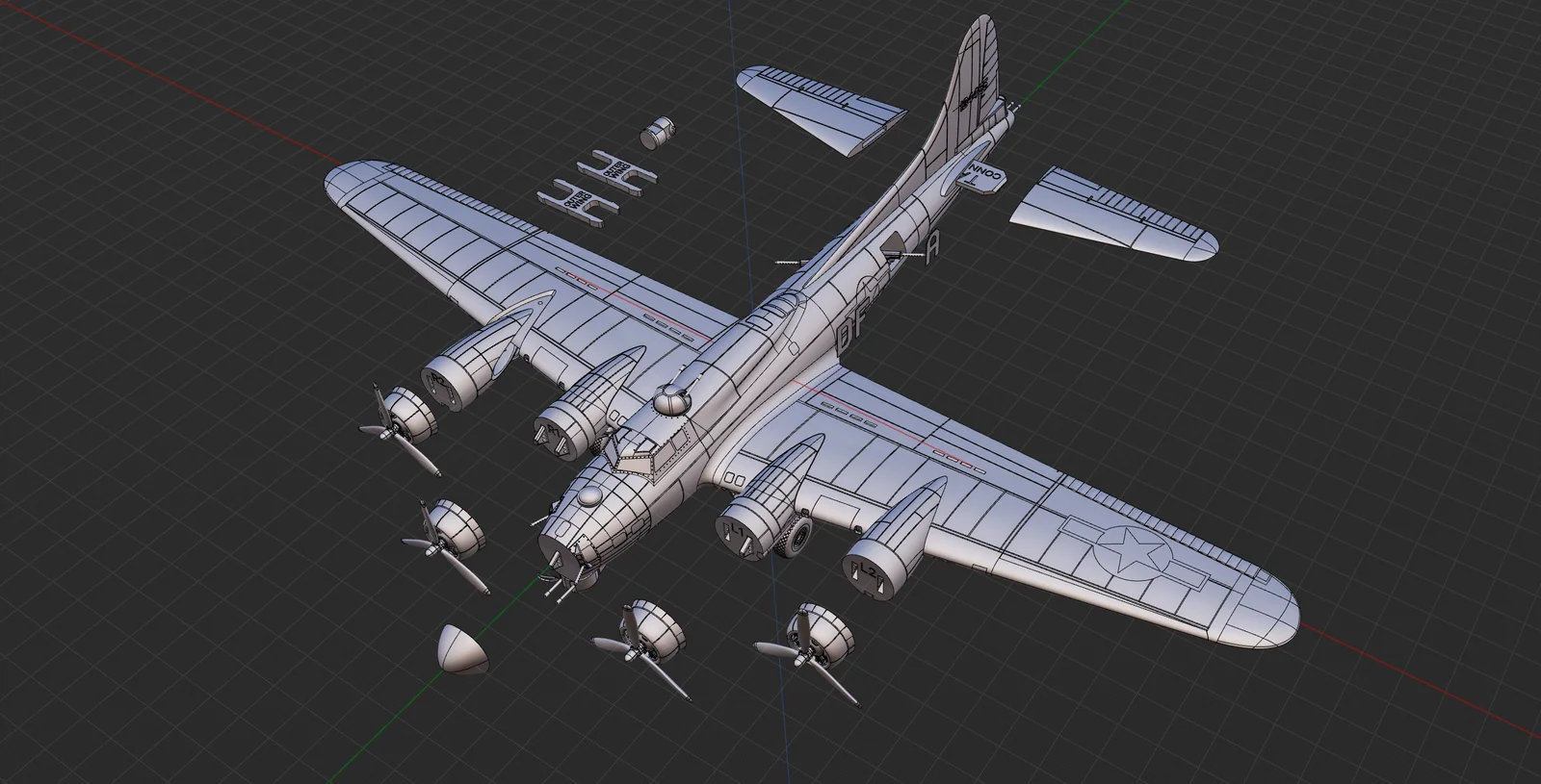 CAD view of the B-17 with separate engines, tail surfaces and connector components