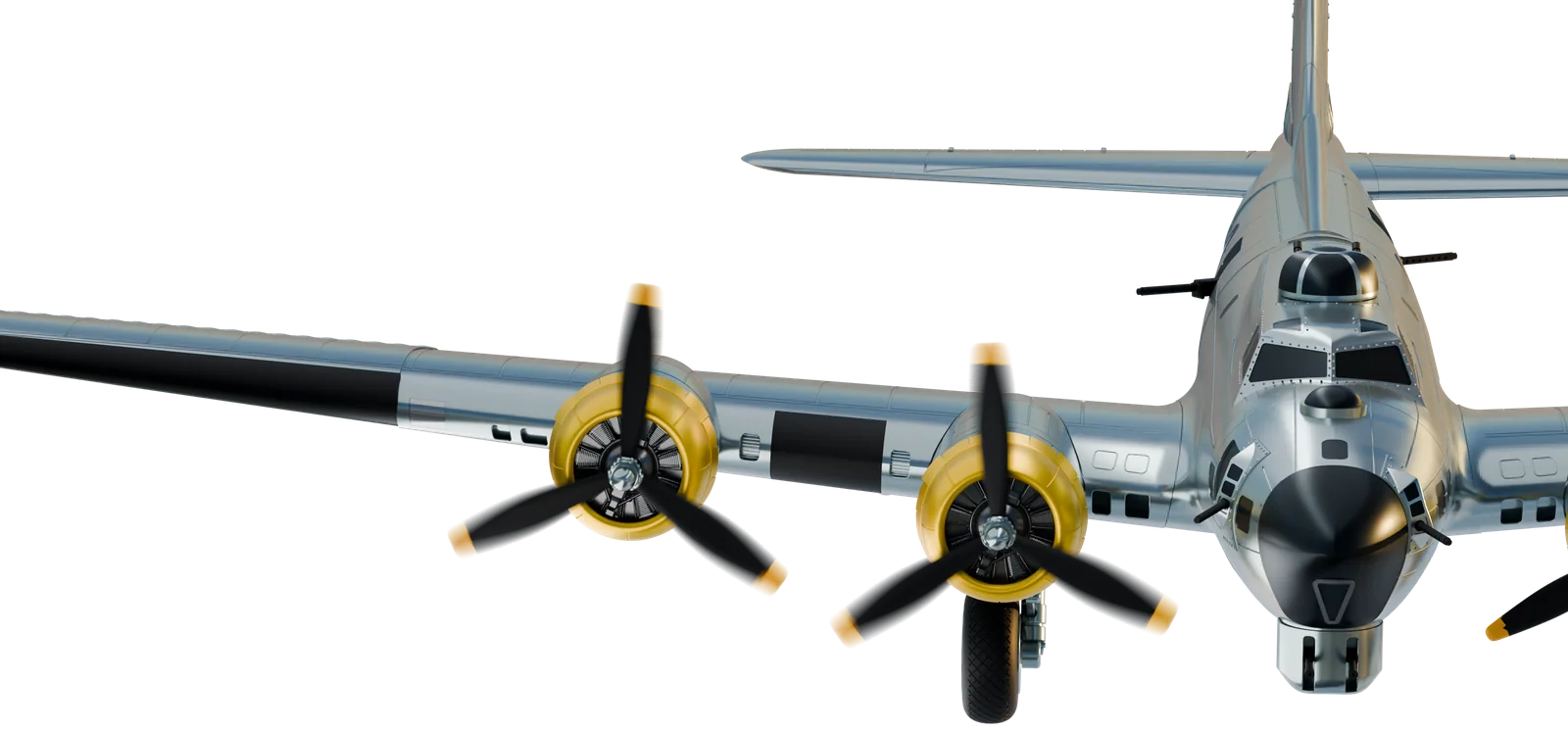 Close-up of the silver B-17 display model with gold engine cowls