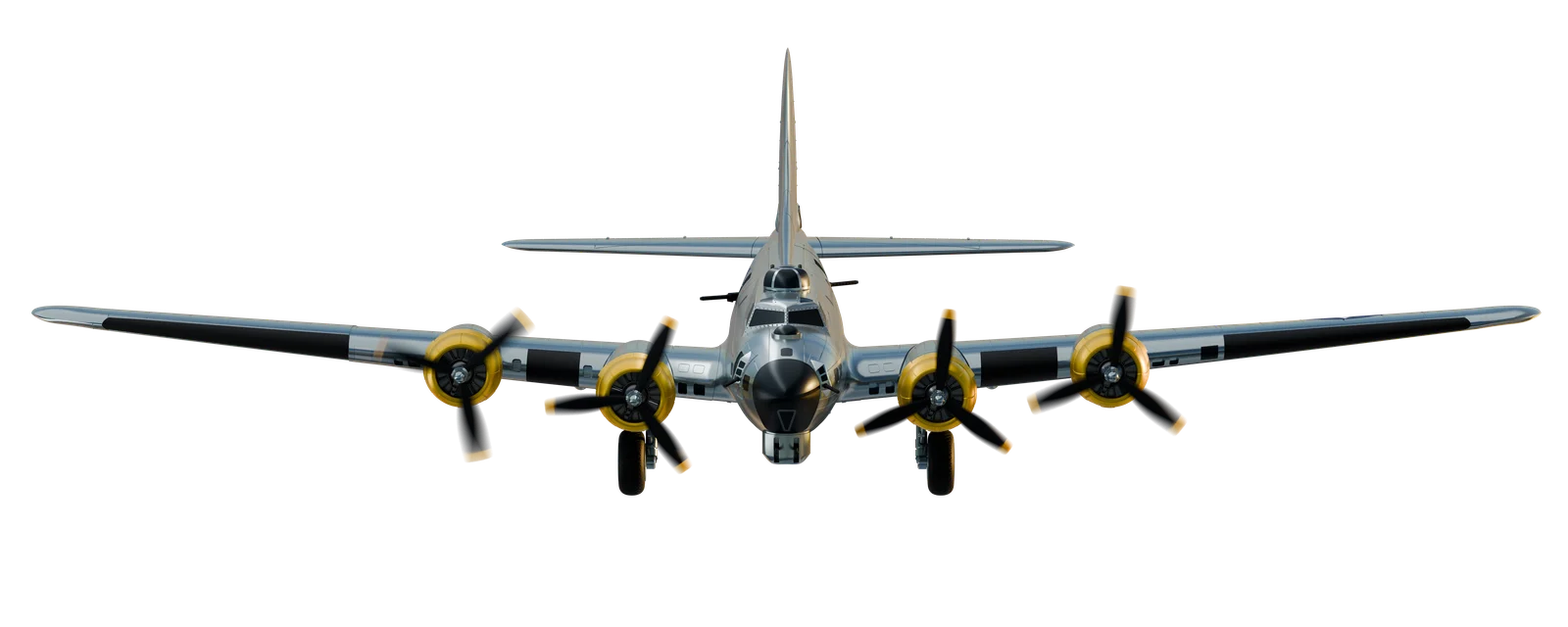 Front view of the complete silver B-17 display model with gold engine cowls