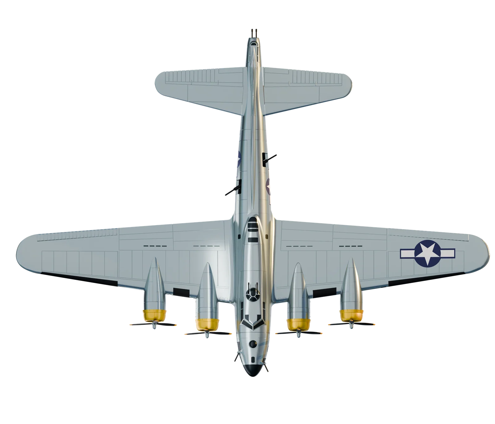 Overhead view of the B-17 display model, showing the full wingspan and symmetrical layout