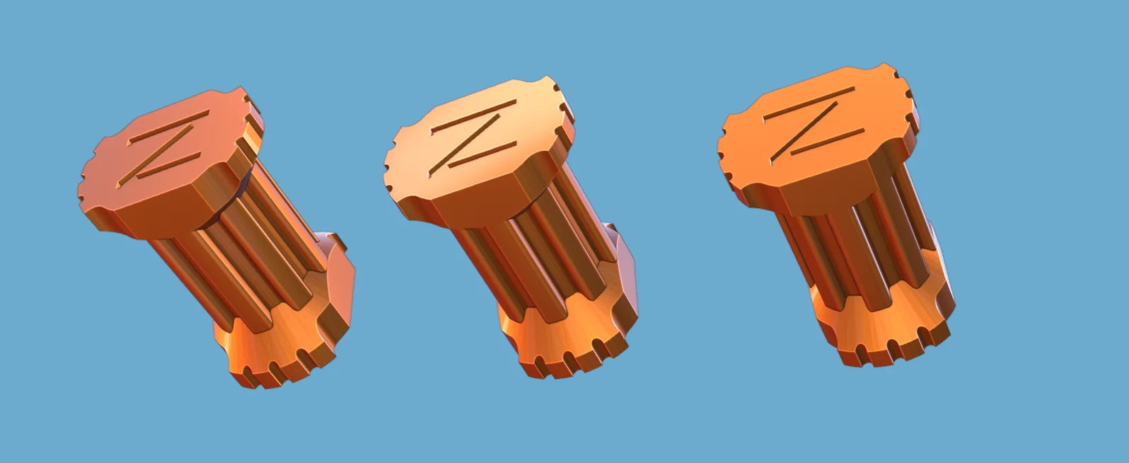 Three orange Grafitomi twist connectors showing their shaped locking surfaces